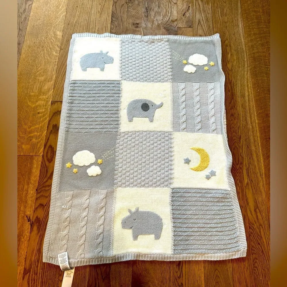 Pottery Barn Heirloom animal hippo elephant Patchwork Baby Blanket Sherpa Back